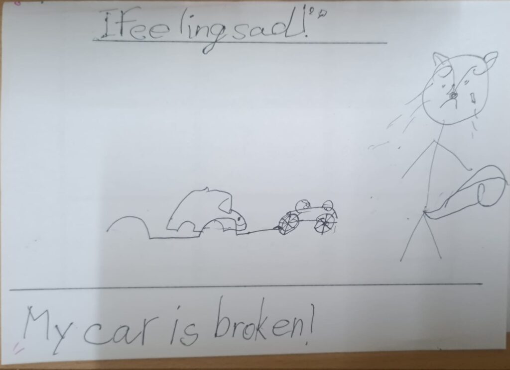 Drawing of broken car by a child to express his sad feeling