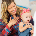 2 A mother holding her toddler on her lap, both looking at a book or mirror. The child’s mouth is slightly open as if vocalizing; the mother smiles encouragingly