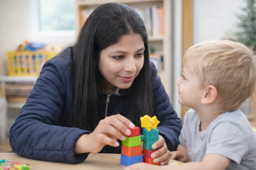 SHABANA LOOKING AT A KID AND KID IS LOOKING AT HER WHILE PLAYING WITH BLOCKS IN THERAPY SESSION