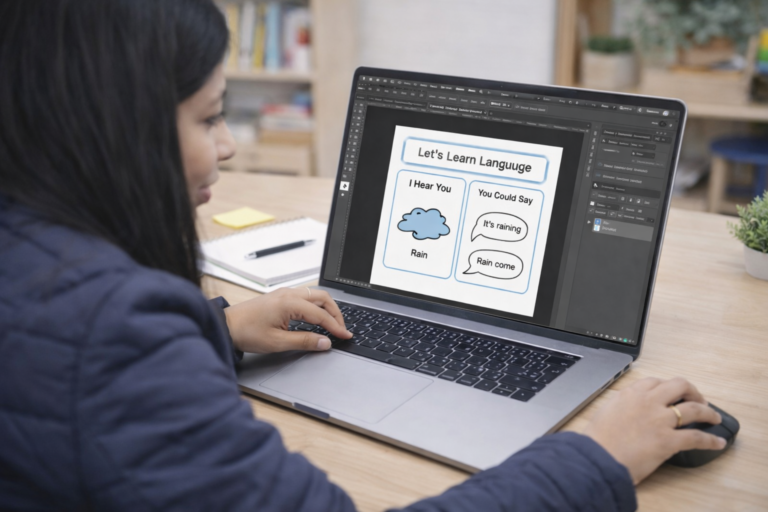 shabana working on a laptop which shows a checklist that she is making and she is sitting on the table