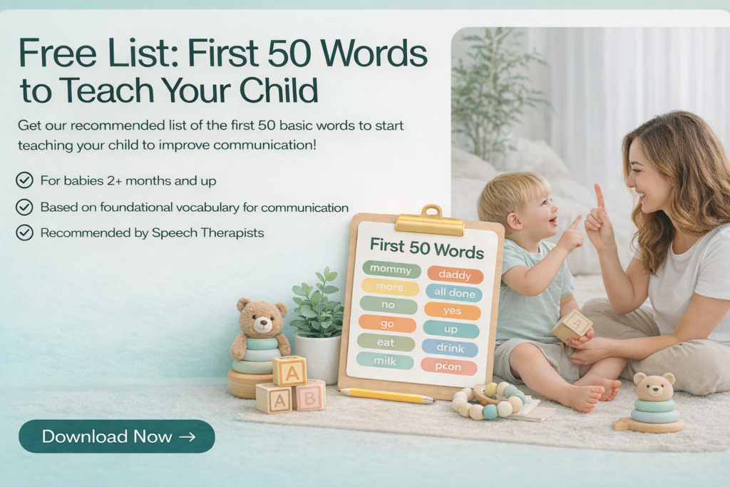 Free list of first 50 words to teach a child, showing a parent interacting with a toddler using play-based speech and language development activities