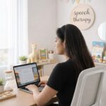 Online speech therapy session setup with a speech-language therapist working on a MacBook in a child-friendly therapy room