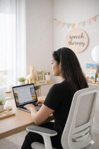 Online speech therapy session setup with a speech-language therapist working on a MacBook in a child-friendly therapy room