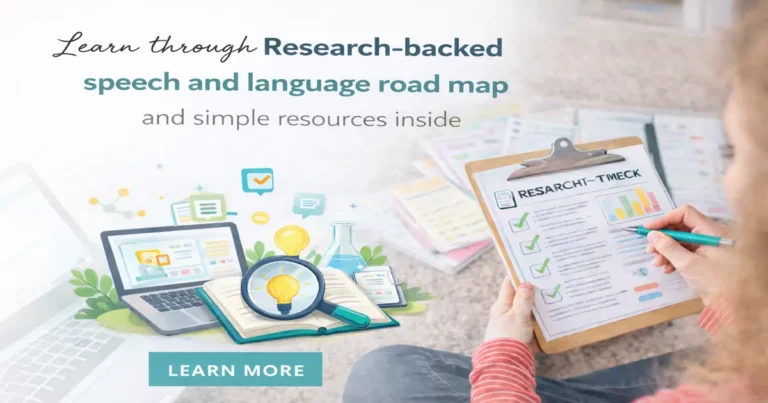 picture of laptop and therapist hands and text-Learn through Research backed speech and language road map and simple resources inside