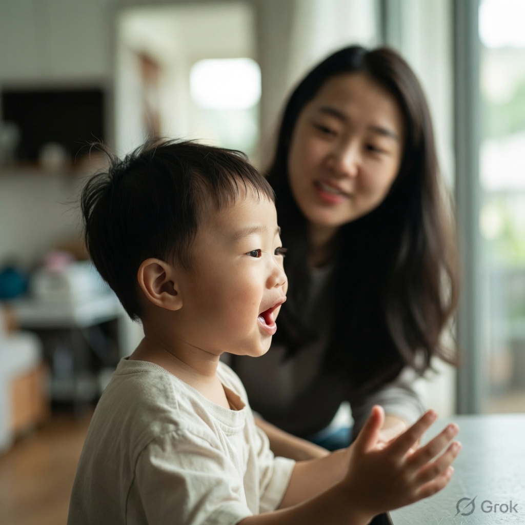 GLP Child talking to his mother but looking somewhere else