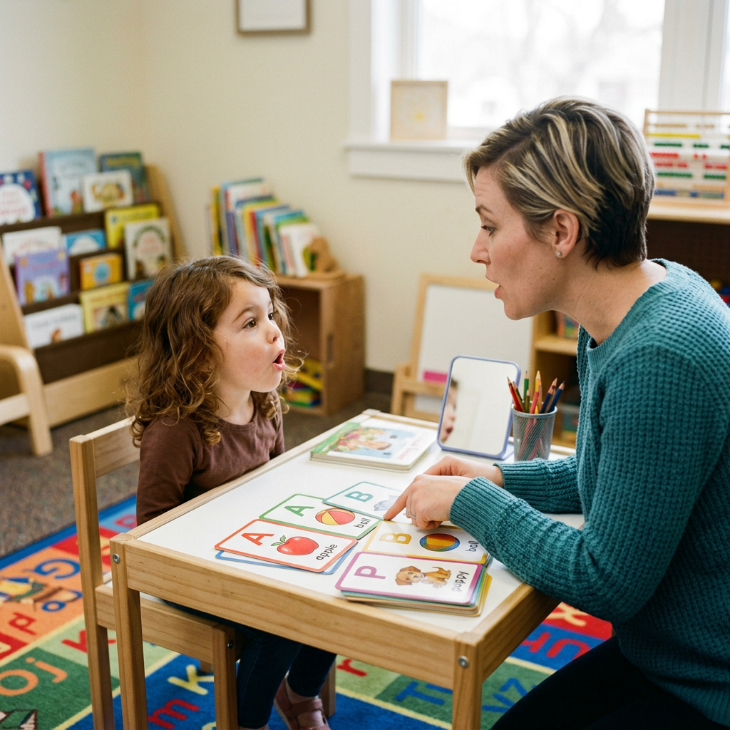 Teacher and child practicing letter sounds with flashcards at a small table